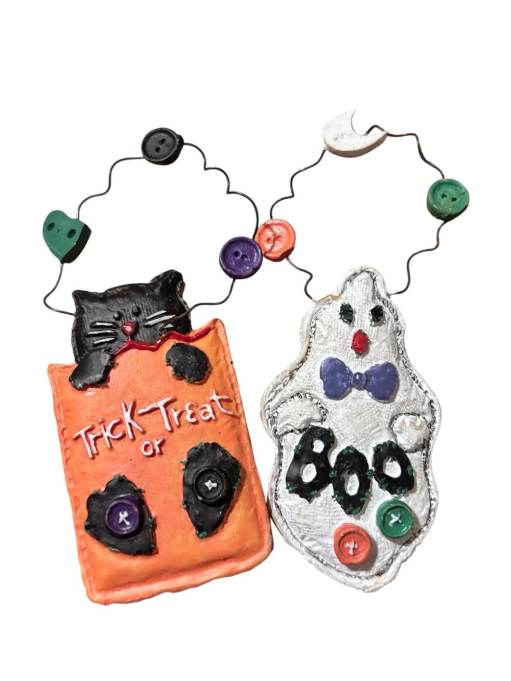 Handcrafted Folk Art Miniature Halloween Ornaments (Set of 2: Black Cat & Ghost)
